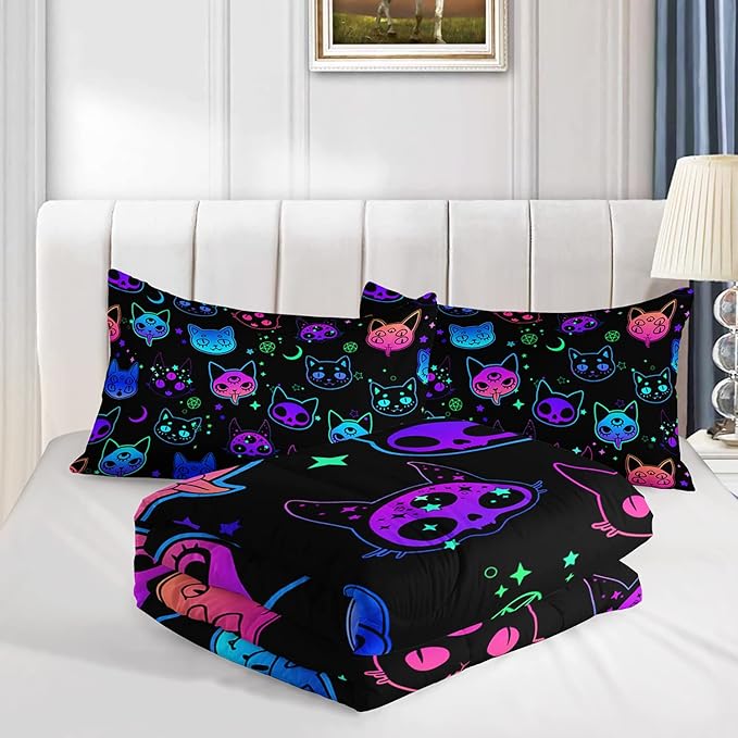 Axolotl Cat Comforter Set Queen,Kawaii Trippy Cat Moon Stars Bedding Set with 1 Comforter 2 Pillowcases for Kids Boys Girls Teens Adults Room Decor All Season,Colorful Neon Trippy Bed Set