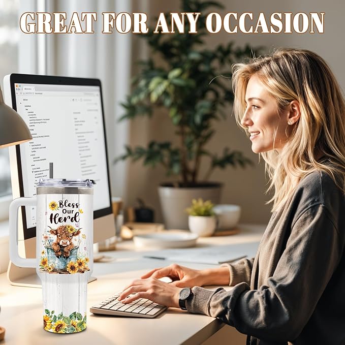 Highland Cow Gift, Cute Tumbler for Women, Highland Cow Decor, Birthday Gifts for Cows Lovers, Sunflower Cows Print Gift Idea, 40 Oz Tumbler with Handle