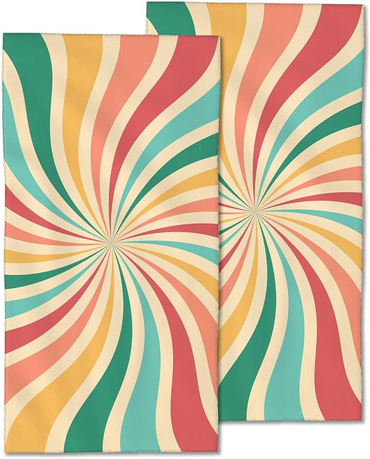 Boho Sunshine Hand Towels Set of 2,Groovy Retro Swirl Soft Fingertip Bath Towel Small Face Washcloths Decor Kitchen Towel for Hotel Spa Gym Sport 28x14in