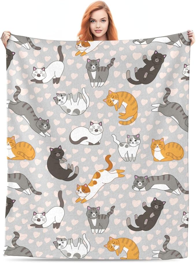 Cute Cat Kawaii Kitten Blanket, Soft Blankets Flannel Bed Throw Cozy Lightweight Plush Gifts for Kids Boys Girls Women Men Sofa Couch Bedroom Living Rooms Warm All Season, Home Decor, Small 50"x40"