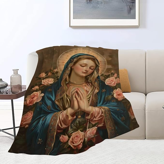 Virgin Mary Throw Blanket Catholic Religious Faith Mexican Mother of God Prayer Print Blankets Gifts for Couch Sofa Stuff Decor Cozy Fleece Plush Flannel Bedding for Lover Men Women Adults 50"x60"