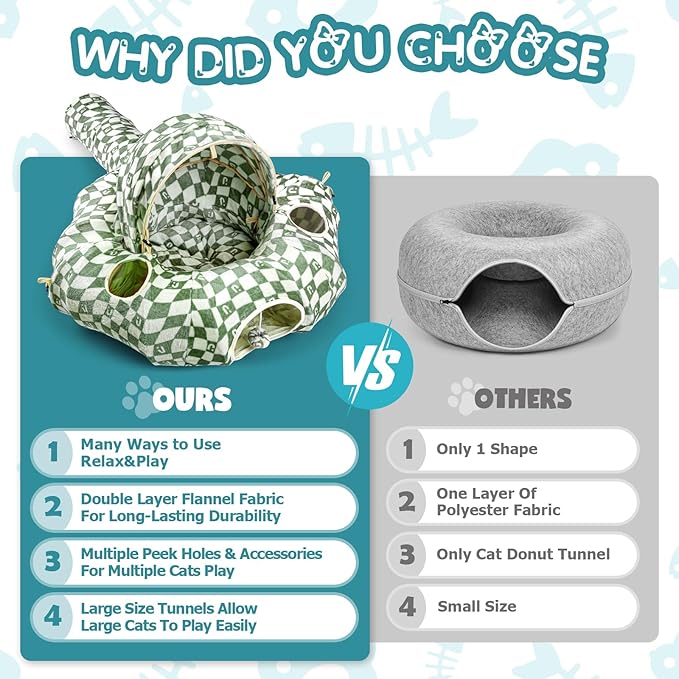 Cat Tunnel Bed for Indoor Cats, Cat Donut Tunnel with Straight Tunnel, Washable Circle Cushion, 4 Hanging Balls and 6 Peek Holes, Collapsible Pet Play Tunnel Toy, Green