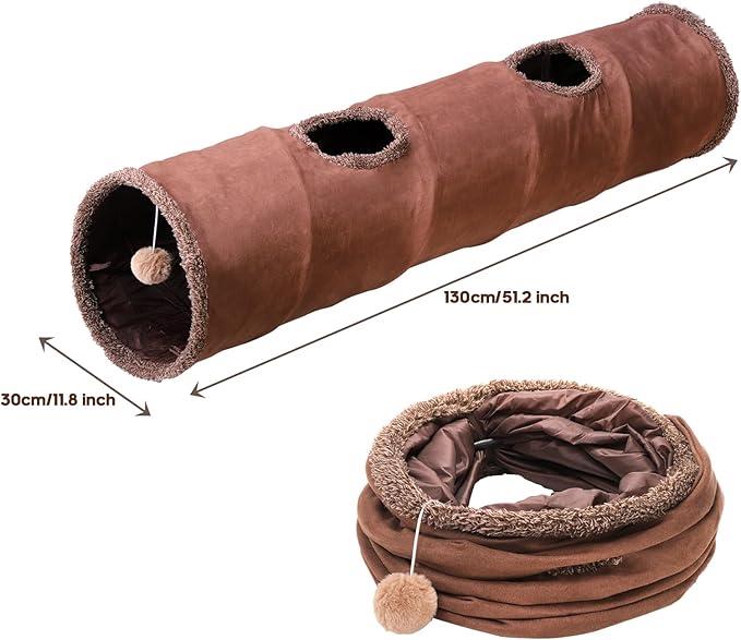 ZENFUN 51"x 12" Collasiple Cat Play Tunnel, Cat Tubes and Tunnels, Cat Foldable Hide and Seek Tunnel Toy, Brown Suede Pet Tube Toy for Rabbits, Ferrets, Puppy, Diameter 12 Inch