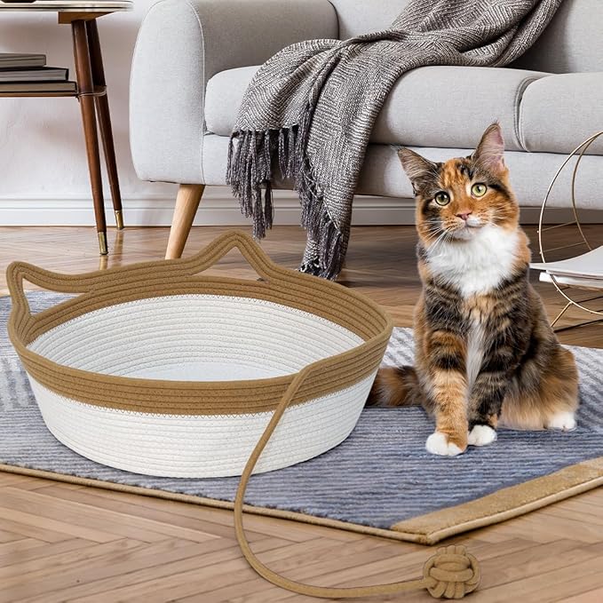 Cotton Rope Woven Cat Bed Basket, Pet Sleeping Bed Basket with a Playing Rope Ball, Cat Foldable Sleeping Basket for Cats, Puppies, Rabbits and Small Pets (Large, Brown & Beige)