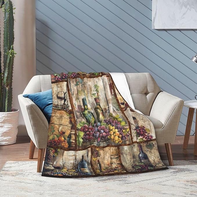 Wine Blanket Retro Wine Throw Blanket Wine Grape Stuff Merch Cozy Print Flannel Fleece Soft Plush Fuzzy Warm Lightweight Bedding Wine Gifts for Dad Women Girls Men 50"X40"