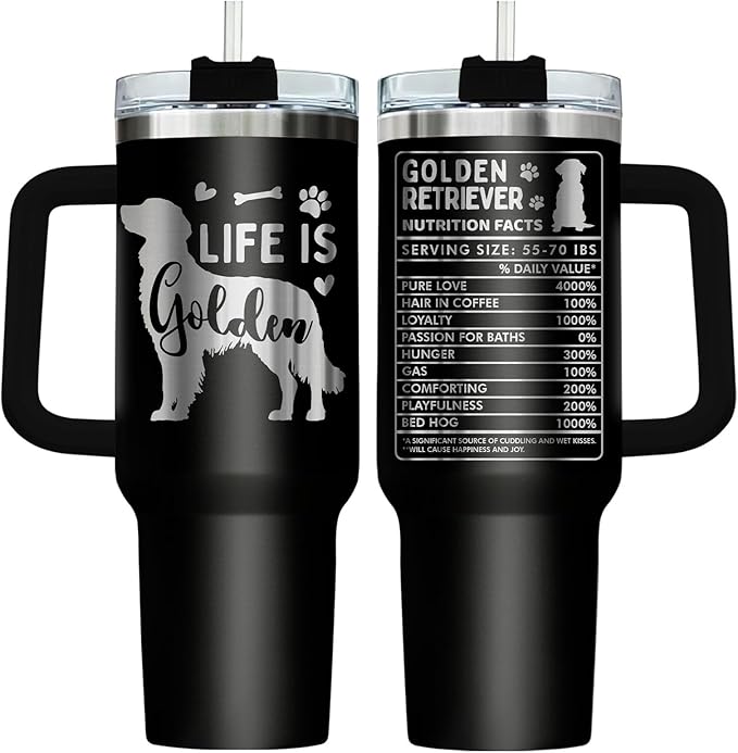 34HD Funny Golden Retriever Tumbler 40oz with Handle – Stainless Steel Insulated Dog Lover Cup – Life is Golden Travel Mug – Dog Mom Gift for Birthday, Christmas, Mother’s Day