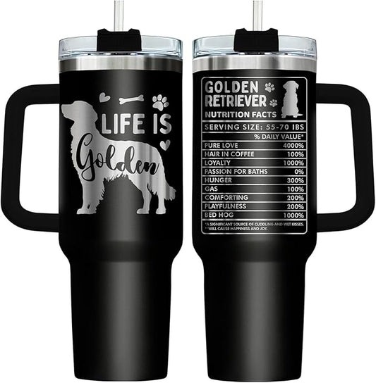 34HD Funny Golden Retriever Tumbler 40oz with Handle – Stainless Steel Insulated Dog Lover Cup – Life is Golden Travel Mug – Dog Mom Gift for Birthday, Christmas, Mother’s Day