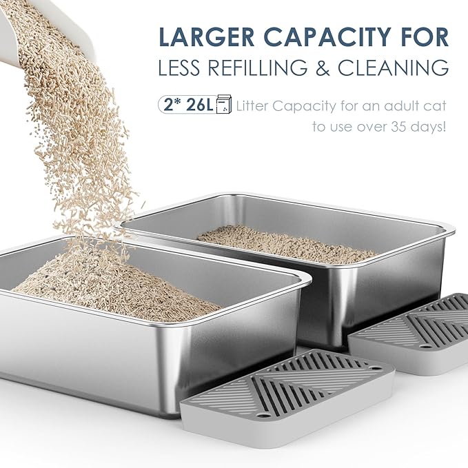 2 Pack 19.6"x13.7"x6" Stainless Steel Litter Box with 26L Litter Capacity, Large Cat Litter Box for Cats and Rabbits, Metal Kitty Litter Box with Foot Board, Non Stick Stainless Steel Pan Tray