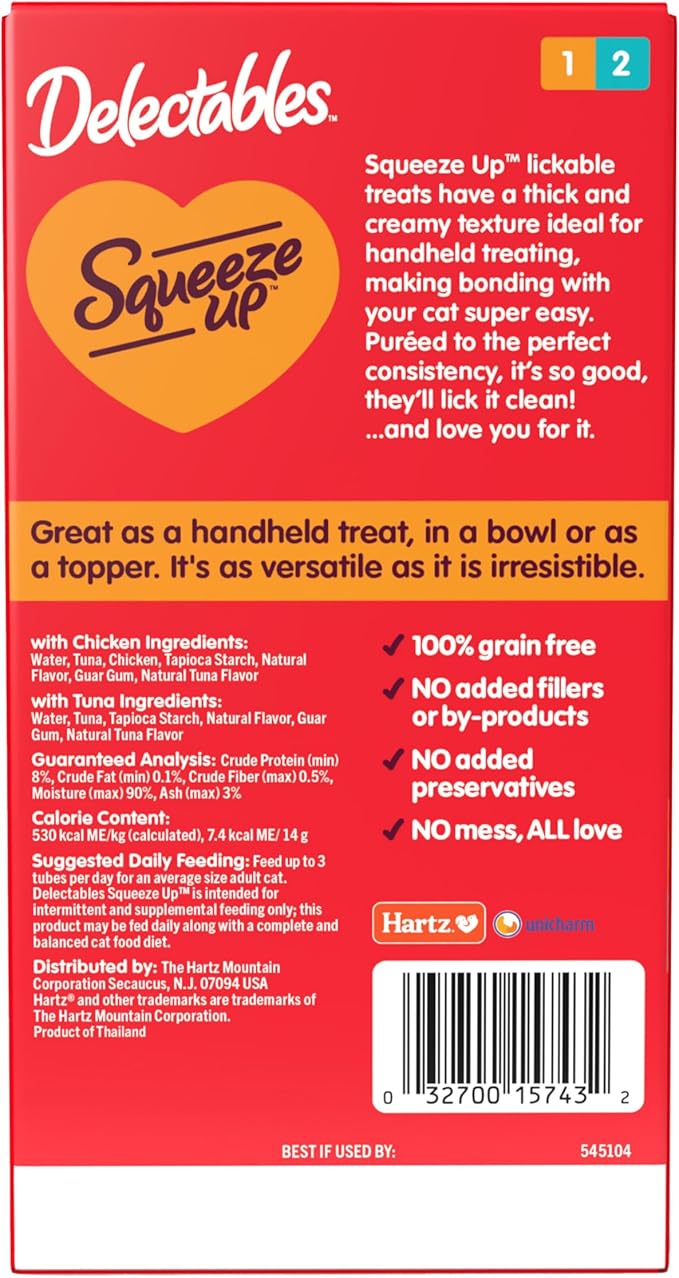 Hartz Delectables Squeeze Up Interactive Lickable Wet Cat Treats for Adult & Senior Cats, Chicken & Tuna, 10 Count,5 oz