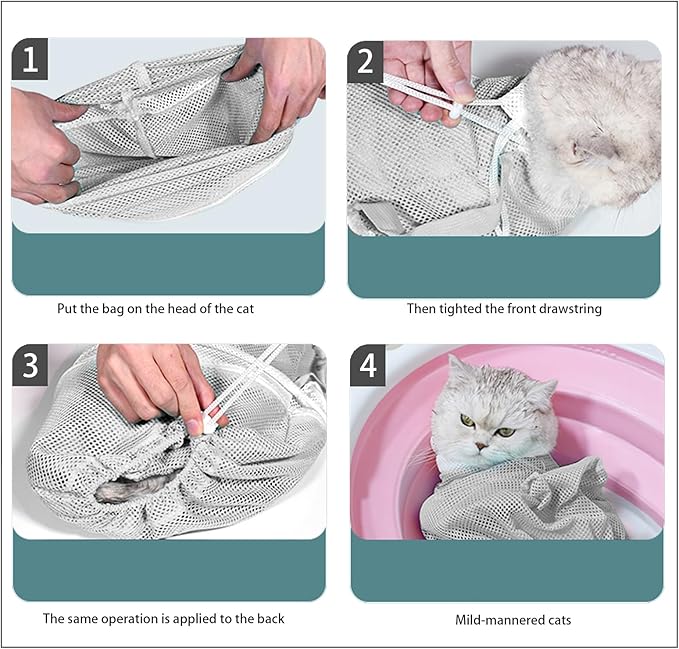 Anti-Scratch Silicone cat Shoes,Cat Claw Covers,Adjustable Multifunctional Anti-Bite Shower net Bag，Cat Grooming Mesh Bag, Pet Medical Shoes,Cat Bathing Bag (Grey)