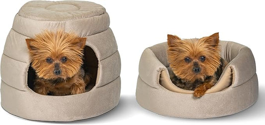 Best Friends by Sheri 2 in 1 Honeycomb Convertible Cat and Dog Cave Bed, Ilan Microfiber, Wheat, Standard