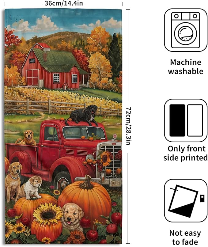 Giwawa Fall Farm Dogs Hand Towels Set of 2 Red Truck Decorative Dish Towel Soft Absorbent Seasonal Bath Towels for Bathroom Kitchen Spa Yoga