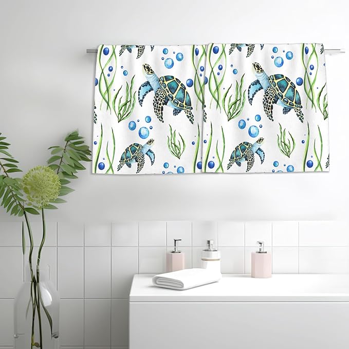 Sea Turtles Bath Hand Towels for Bathroom Decorative,Seaweed Bubbles Soft Absorbent Hand Towels for Kitchen Home Gym Beach 16"x24"