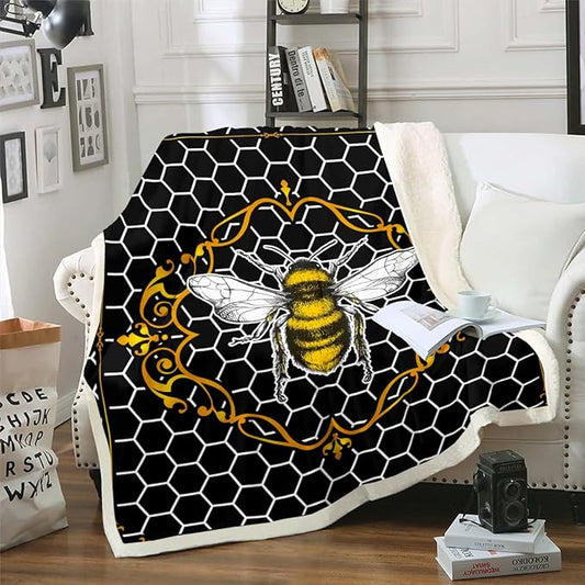 Erosebridal Cute Honey Bee Sherpa Blanket 40x50 Size Kawaii Animal Blanket Black and White Throw Blanket for Sofa Geometric Hexagon Honeycomb Fleecce Blanket Fluffy Microfiber Fuzzy Blanket