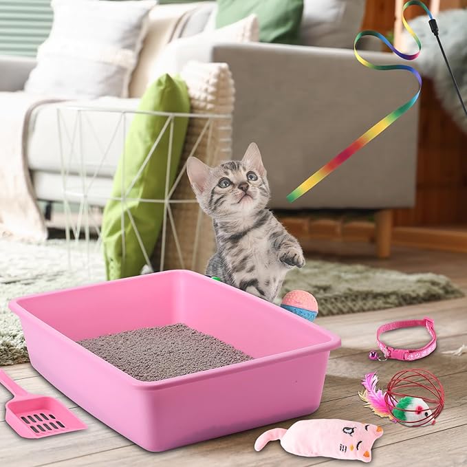 7 Pcs Small Cat Kitten Starter Kit Cat Litter Box with Shovel Cat Paw Litter Mat Double Automatic Cat Bowls Cat Toy Teaser Stick Cat Collar Small Cat Essentials Kits for 1-3 Lbs Beginner(Pink)