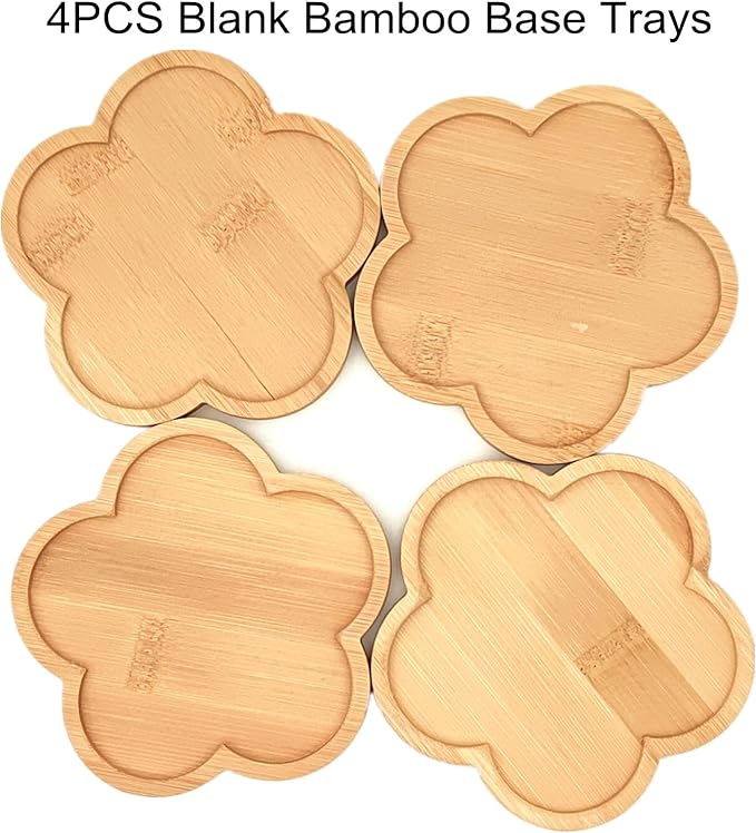 4PCS Mosaic Bamboo Coasters for Crafts, Blank Base Trays, Drinking Cup Coaster, Plant Coaster, Art Plate,DIY Mosaic Supplies (Flower)