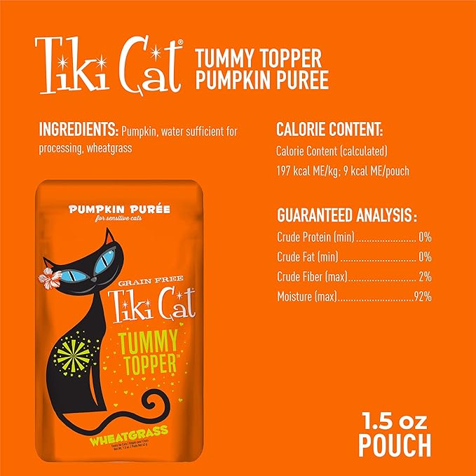 Tiki Cat Born Carnivore Functions Digestion, Pumpkin Recipe Puree, Formulated to Support Healthy Digestion, Mousse Cat Food Topper, 1.5 oz. Pouch (12 Count)