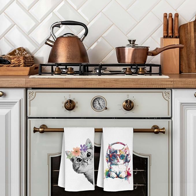 Cute Cat Kitchen Dish Towels Set of 2 Cats Decoration for Cat Lovers Cat Kitchen Accessories Cat Mom Gifts for Women Cute Towels Decorative Set for Kitchen & Bathroom 16×24 Inch