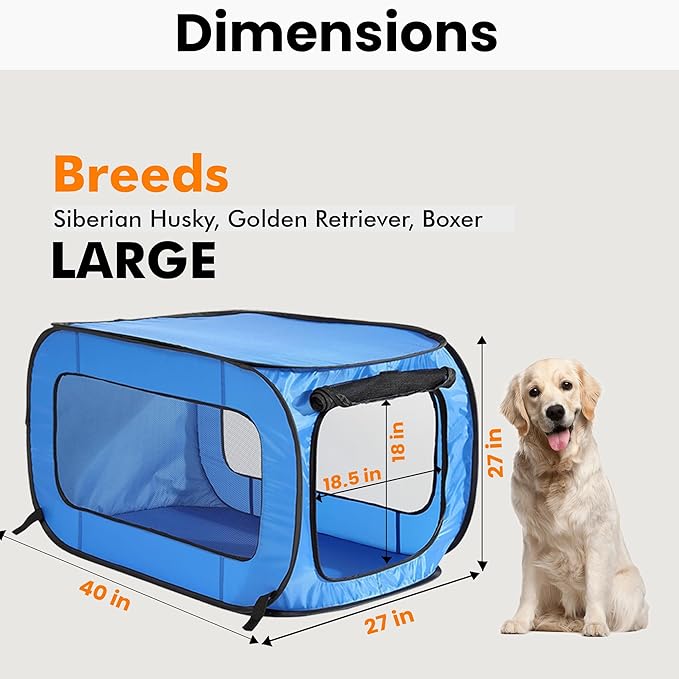 Beatrice Home Fashions Portable, Collapsible, Pop Up Kennel Travel Cat and Dog Crate, 40" L x 27" W x 27" H, Blue