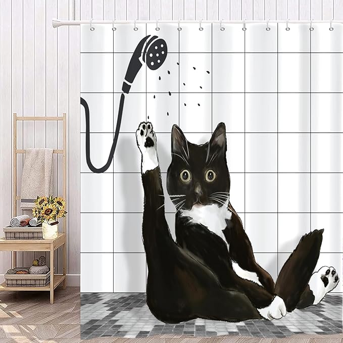Black Cat Shower Curtain, Funny Kitty Animal Plaid Machine Washable Waterproof Durable Fabric for Bathroom Decor Bathtub with 12 Hooks 72x72