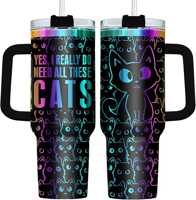 34HD Laser Engrave Black Cat Tumbler with Handle & Straw, 40oz Yes I Do Really Need All These Cats Cup, Cat Lover Gifts for Women Birthday Mother Day Father Day Christmas