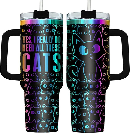 34HD Laser Engrave Black Cat Tumbler with Handle & Straw, 40oz Yes I Do Really Need All These Cats Cup, Cat Lover Gifts for Women Birthday Mother Day Father Day Christmas