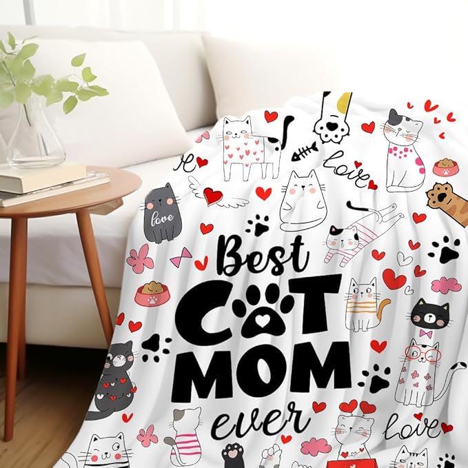 Cat Mom Blanket Just A Girl Who Loves Cats Throw Blanket Gifts for Animals Lovers Soft Flannel Animals Pet Pattern Gift for Kids Adults 50"X40"