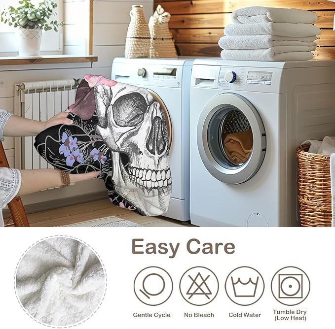 Sleepwish Fleece Throw Blanket Skull Rose Sherpa Blanket Gift for Women Girl Fuzzy Black Pink Flower Blanket for Couch Chair, Baby (30" x 40")