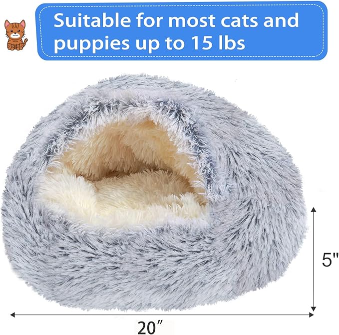 Cat Cave Beds for Indoor Cats, Round Fluffy Calming Cat Bed with Hooded Cover, Donut Calming Cozy Pet Bed for Anxiety Cats and Puppies - Dia 20"