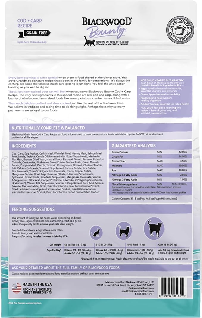 Blackwood Bounty Grain Free Cat Food, Cod and Carp Recipe, 2 lb. Bag