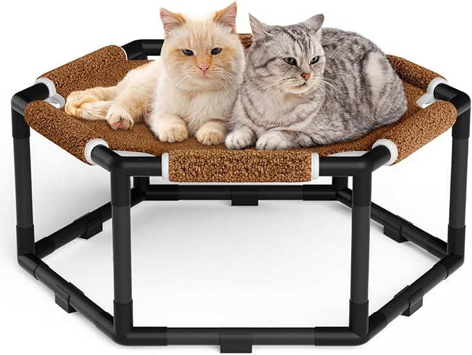 Tresbro Cat Bed, Hexagon Warm Elevated Cat Bed with Thick Teddy Velvet & Anti-Slip Pads, Raised Cat Hammock Bed for Indoor and Outdoor Use, 23.6'' x 10.6'' x 12'' Cat Hammock for Large to Small Cats
