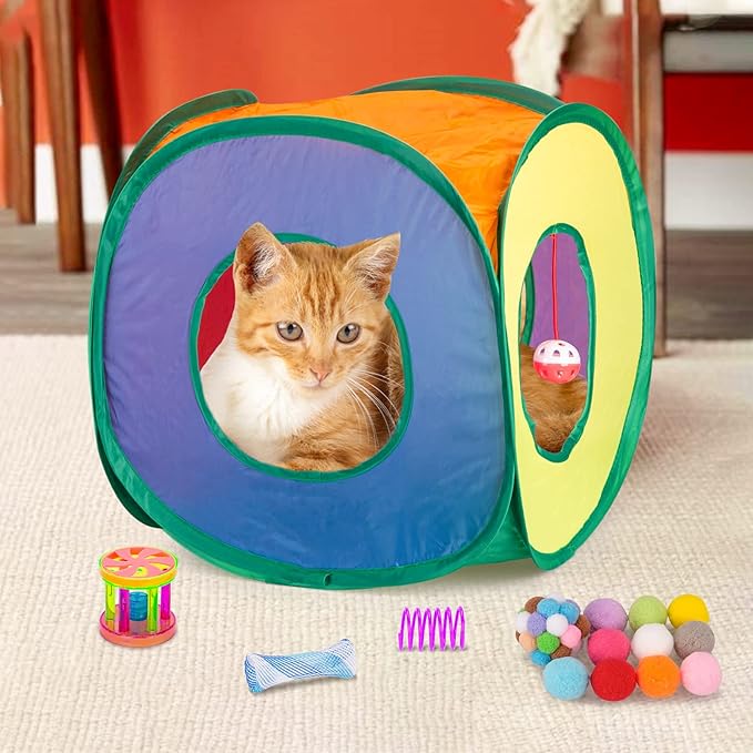 Retro Shaw Cat Toys Set 33 PCS, Interactive Cat Kitten Toys for Indoor Cats Kitty with Collapsible Cat Play Tunnel Tube Tent Cat Feather Wand Teaser Cat Bell Fuzzy Ball Springs Mouse Toys