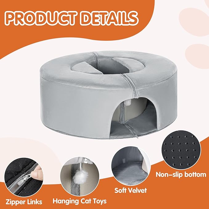 BALAPET Cat Tunnel Bed for Indoor Cat with Cat Scratch Lounge, Tent, and Plush Ball, Scratch Detachable & Washable Tunnel Bed 2-in-1 Cat Toys Collapsible Tunnel for Cats Dog Ferret Rabbits