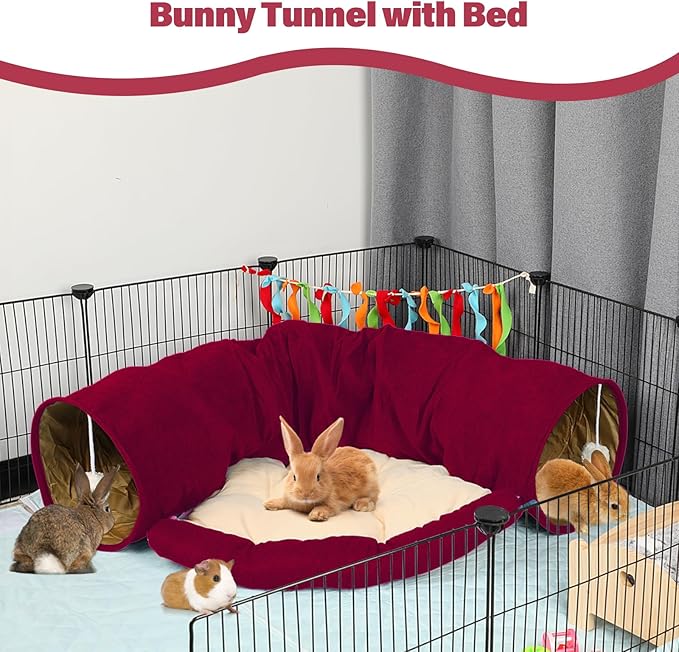 BWOGUE Bunny Tunnel Bed, 2-in-1 Collapsible Tunnel Tubes Toys with Removable Mat Hideout for Cats Kittens Rabbits Guinea Pigs Kitty