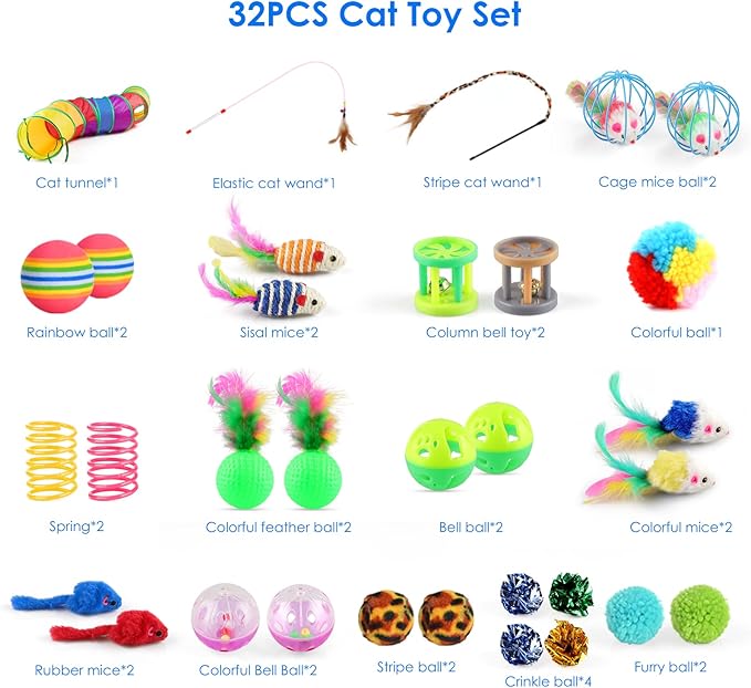 Cat Feather Toys 32PCS Interactive Kitten Toys Assortments, Rainbow Tunnel, Teaser Wand, Crinkle Balls, Bells, Colorful Mice, for Small Breeds