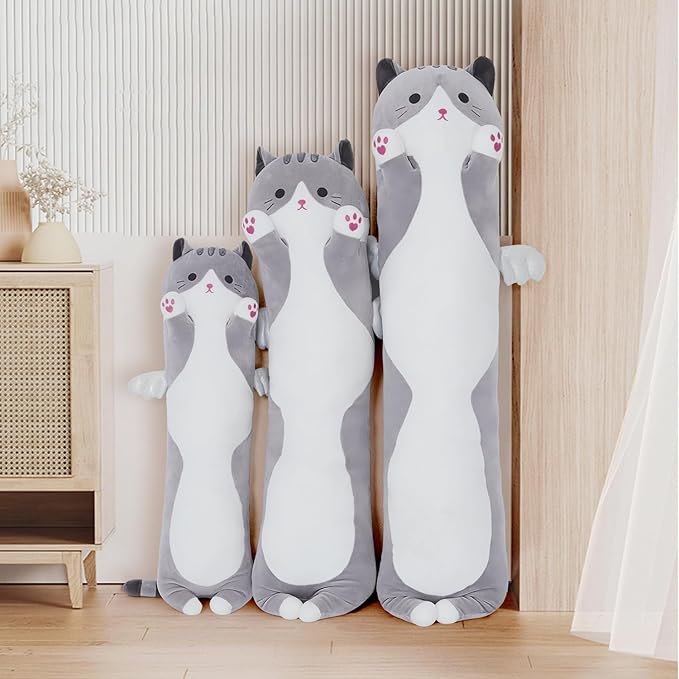 Soft Plush Pillow, Grey Long Kitten Plushie Kawaii Cat Stuffed Toy for Kids (90cm/35.4inch)