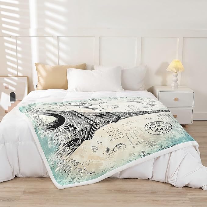 Eiffel Tower Sherpa Blanket Women Chic Retro Paris Theme Fleece Throw Blanket Vintage Paris Cityscape Plush Blanket Bedroom Decor French Teal Fuzzy Blanket Baby 30"x40"