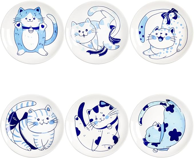 Blue and White Porcelain Vintage Cats Pattern Dessert Plates, Appetizer Plates, Snack Plates Set, Seasoning Dishes, Side Dishes, Saucer Dipping Bowls, 6 PCS-Blue Cats-5 Inch