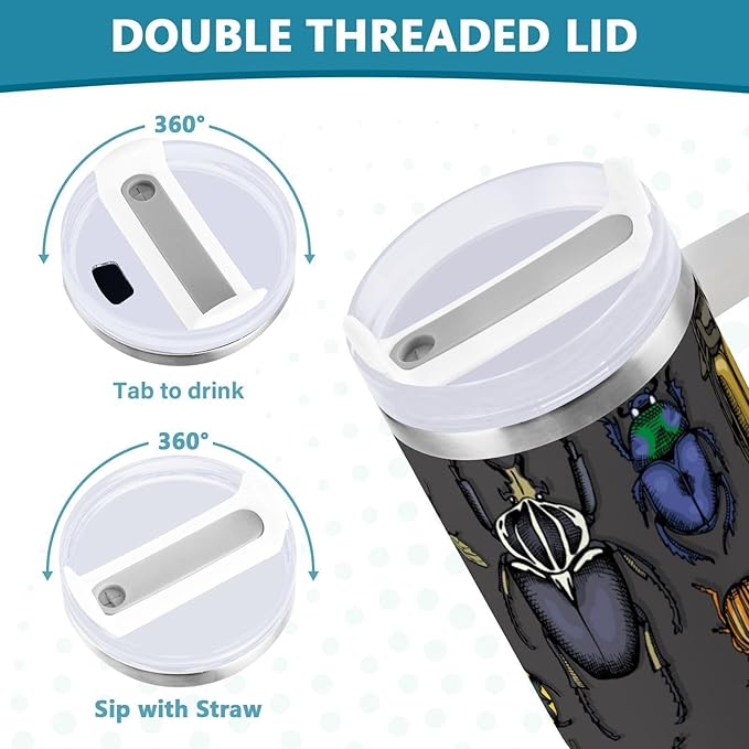 Boccsty Bright Insects Dark Insulated Tumblers Beetle Reusable Stainless Steel Tumbler 40 oz Cup Coffee Travel Mug Water Bottle with Handle & Flip Straw for Home Office Car