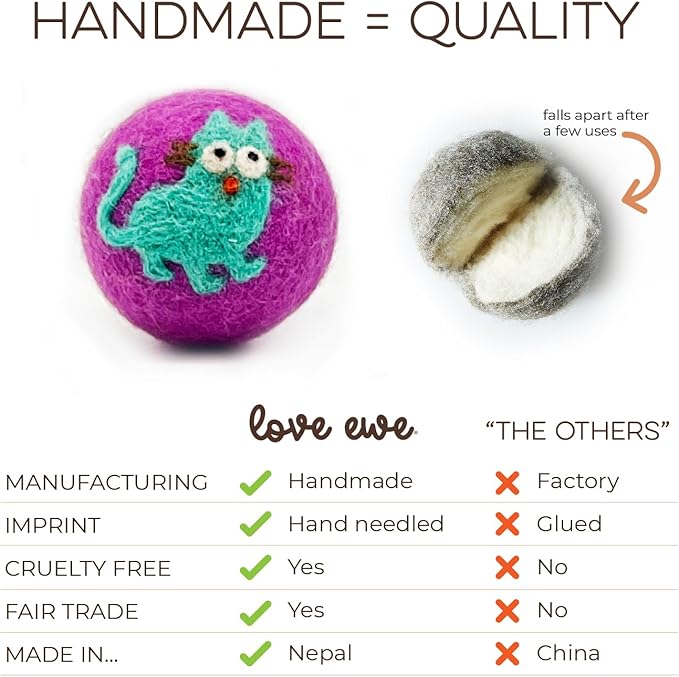Hustle & Blush Wool Felt Balls 3 Pack Love Ewe Pet Supplies - 2in Felted Wool Cat Toys 100% New Zealand Wool Felt Cat Toys Handmade Wool Felt Balls, Colorful Wool Balls for Cats - Cat and Mouse
