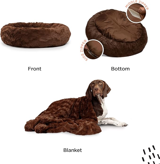Best Friends by Sheri Bundle Set The Original Calming Lux Donut Cuddler Cat and Dog Bed + Pet Throw Blanket Dark Chocolate Extra Large 45" x 45"