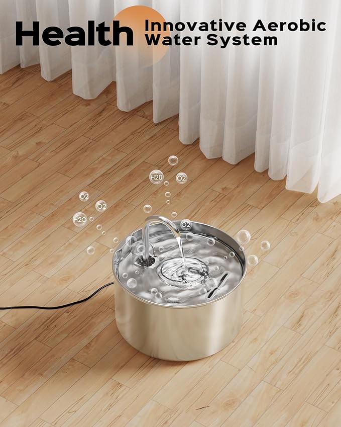 AOOGITF Cat Water Fountain + 8 Filters + 8 Sponges, 304 Stainless Steel Pet Water Fountain, 24 Hours Keep The Water Clean, 74oz Capacity, Ultra-Quiet, No Sputter, Compact, Easy Cleaning