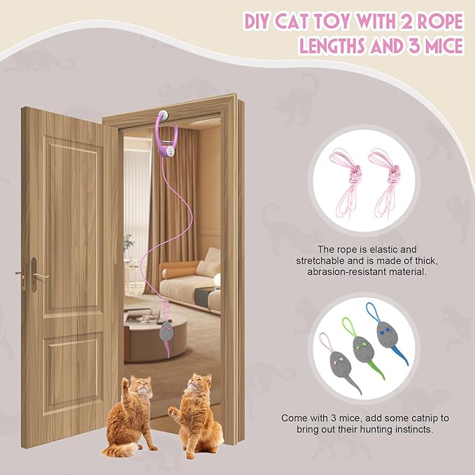 Cat Toy Interactive for Indoor Cats, Smart USB Rechargeable Door Hanging Automatic Retractable Kitten Toys, Teaser Electronic Self Play Feather Cat String Toys Attached with 3 Catnip Mice Pink