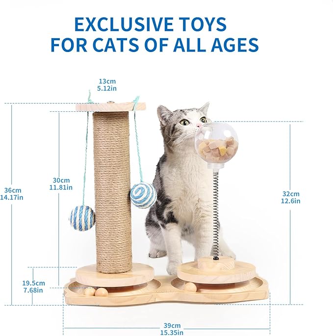 Marchul 4 in1 Interactive Cat Toy, Natural Sisal Cat Scratching Post with Hanging Balls, Cat Toys with Roller Track Ball by Wooden, Cat Food Feeder Toy with Treat Ball for Indoor Cats and Kittens