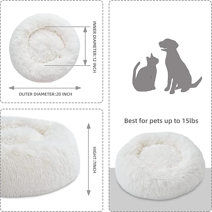 Cat Beds for Indoor Cats - Cat Bed Washable 20/24 inches, Dog Beds for Small Medium Dogs, Anti Anxiety Round Fluffy Plush Faux Fur Cat Bed, Thick Bottom (White, Medium)