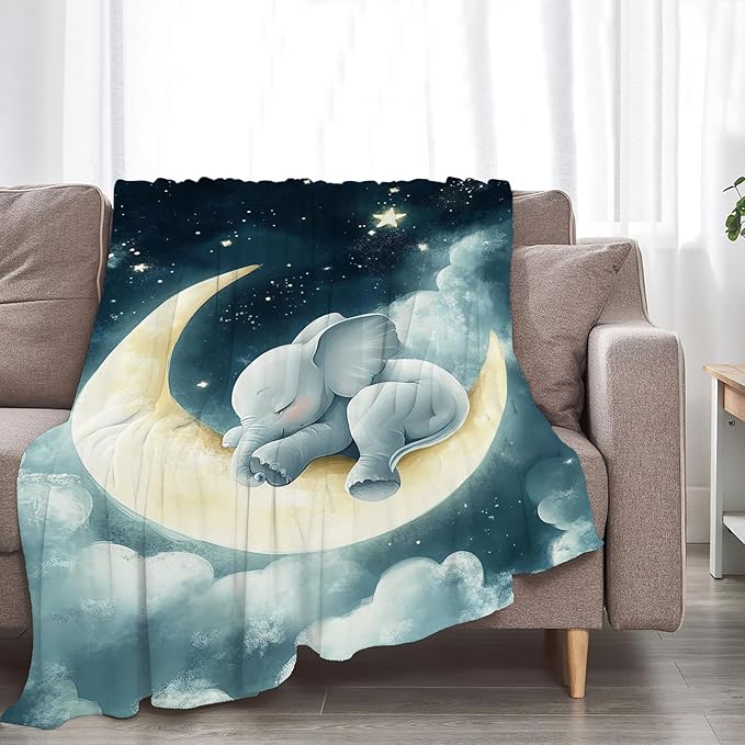 Ultra Soft Cozy Cute Elephant Moon Blanket - Fleece Fuzzy Plush - Lovers Decor Gifts for Women, Girls, Adults - 80"x60"