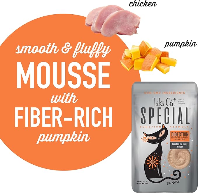 Tiki Cat Special Digestion Mousse, Chicken & Egg Recipe in Broth, Formulated to Support Healthy Digestion, Functional Wet Cat Food, 2.4 oz. Pouches (12 Count)