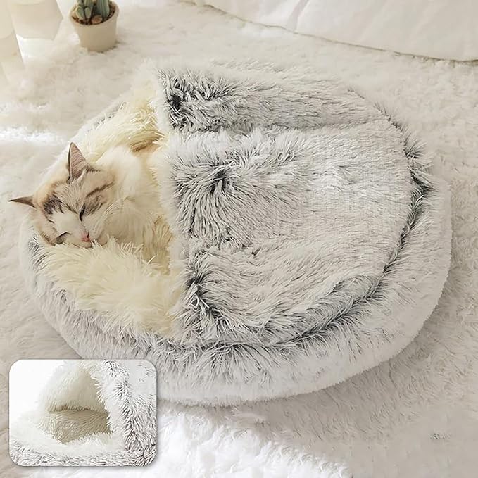 ShinHye Cat Bed Round Plush Fluffy Hooded Cat Bed Cave, Cozy for Indoor Cats or Small Dog beds, Soothing Pet Beds Doughnut Calm Anti-nxiety Dog Bed - Waterproof Bottom Washable, (23×23inch, Grey)