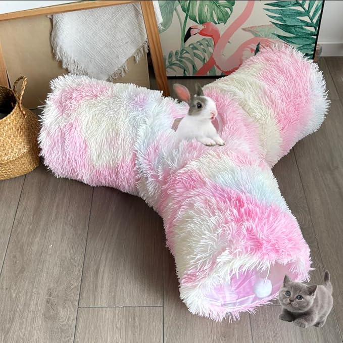 Cat Tunnel Tube Toy, Tunnels for Indoor Catss Soft Warm Rainbow Plush, 3 Way Collapsible Interactive Toys Maze House with Peek Hole Dangling Ball for Rabbit, Puppy, Kitty, Kittens