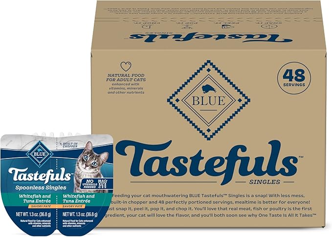 Blue Buffalo Tastefuls Spoonless Singles Natural Wet Cat Food Paté, 2.6-oz Twin-Pack Trays, White Fish & Tuna Entreé (24 Count)